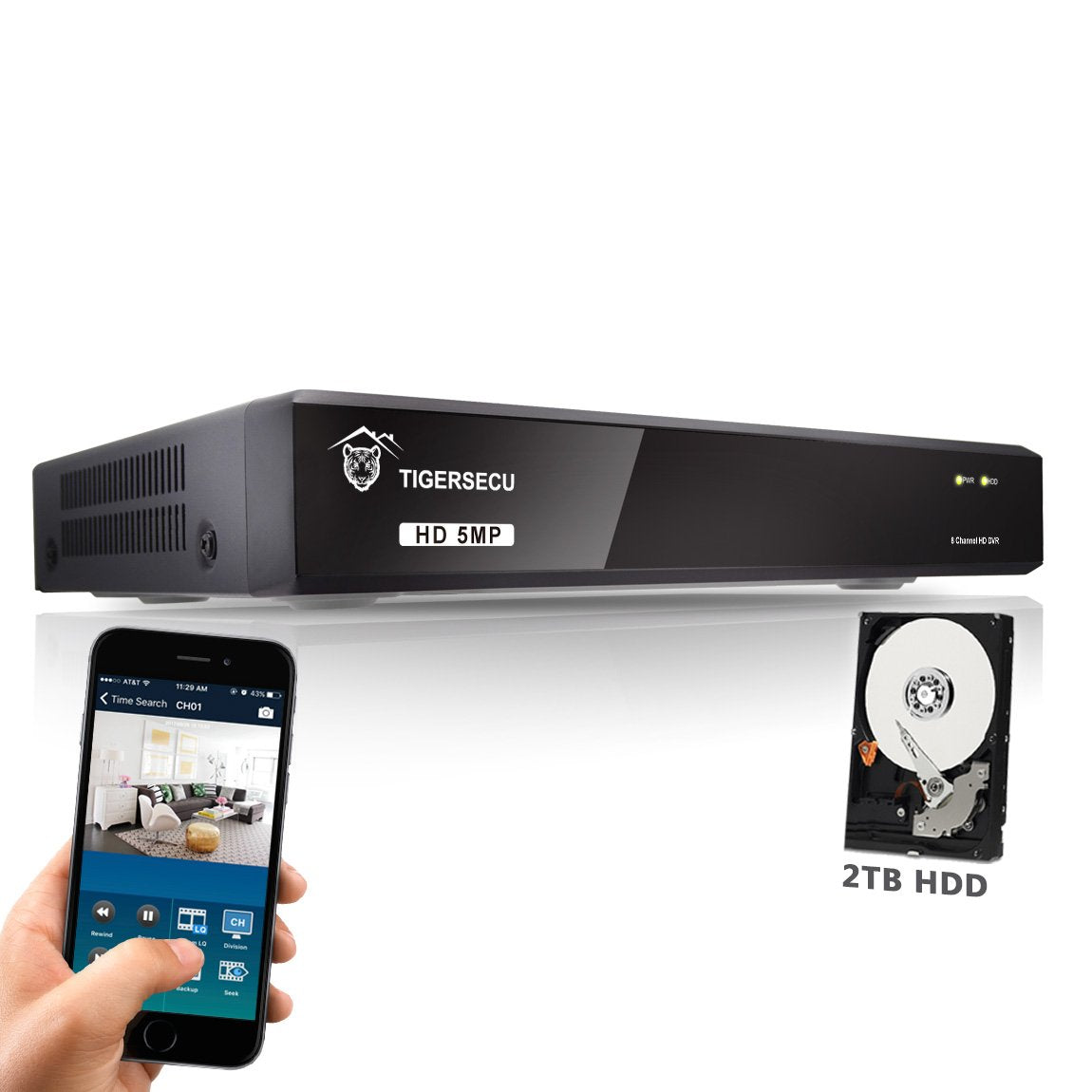 TIGERSECU 5MP Super HD 8-Channel Hybrid 4-in-1 DVR Security Recorder with 2TB Hard Drive, for use with 5MP HD-TVI/AHD/CVI Camera