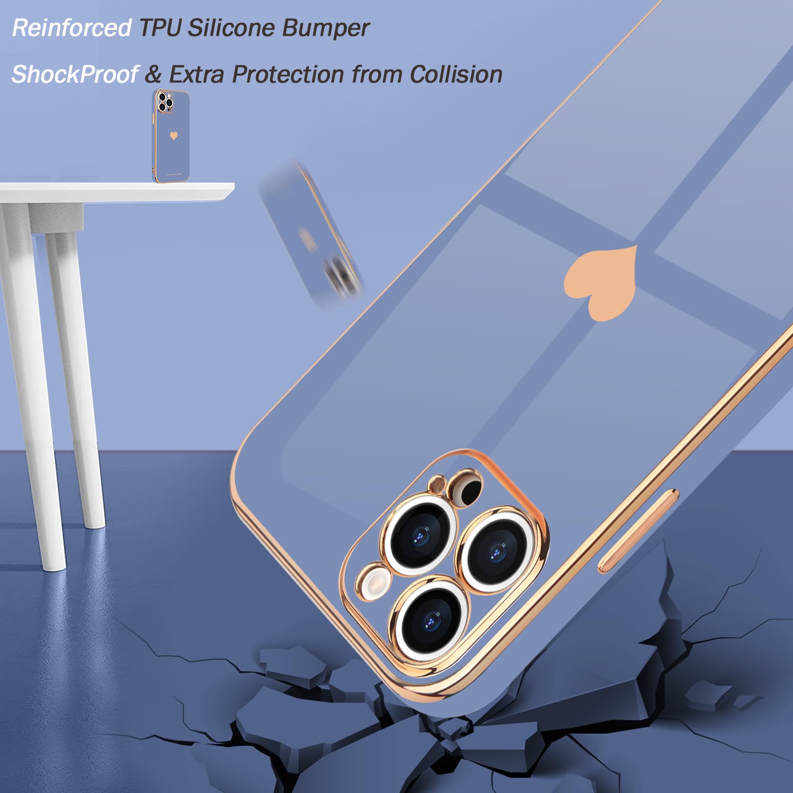 Teageo For Iphone 13 Pro Case For Women Girl Cute Love Heart Luxury Bling Plating Soft Back Cover Raised Full Camera Protection