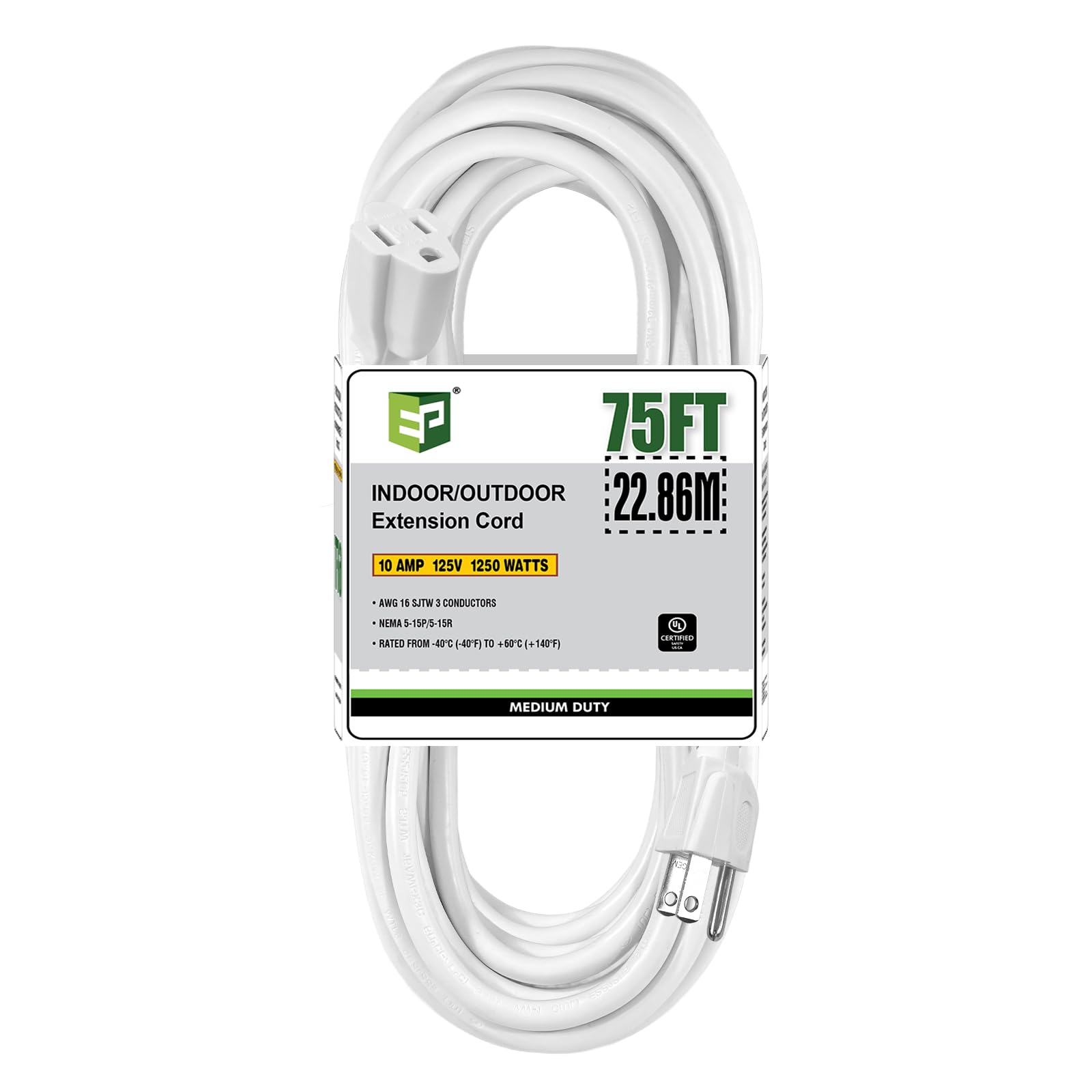 Ep 75 Ft Outdoor Extension Cord   16/3 Sjtw White Electrical Cable With 3 Prong Grounded Plug, Ul Listed