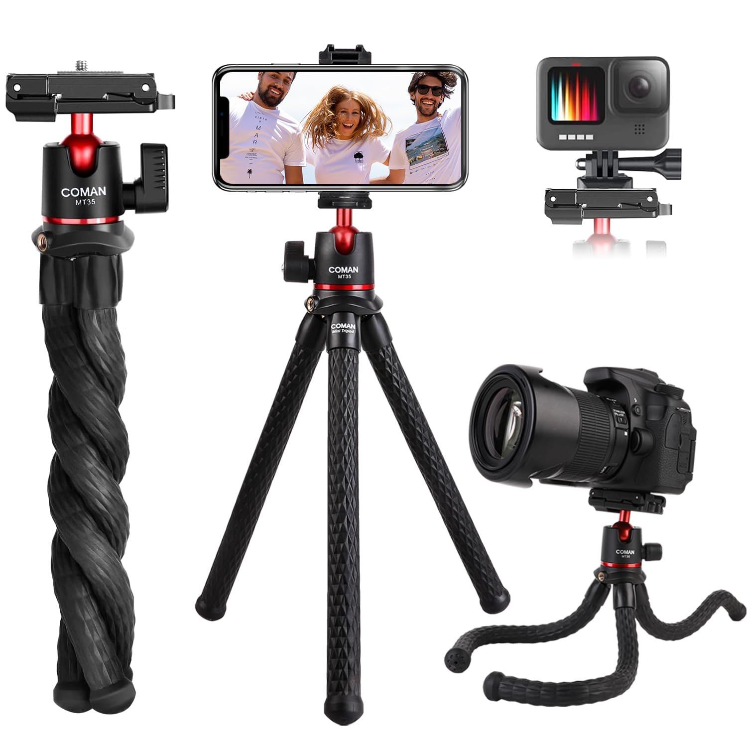 Phone Tripod, Coman Flexible Camera Tripod, Hidden Phone Tripod Mount With Cold Shoe, Waterproof Tripod Stand For Gopro, Portabl