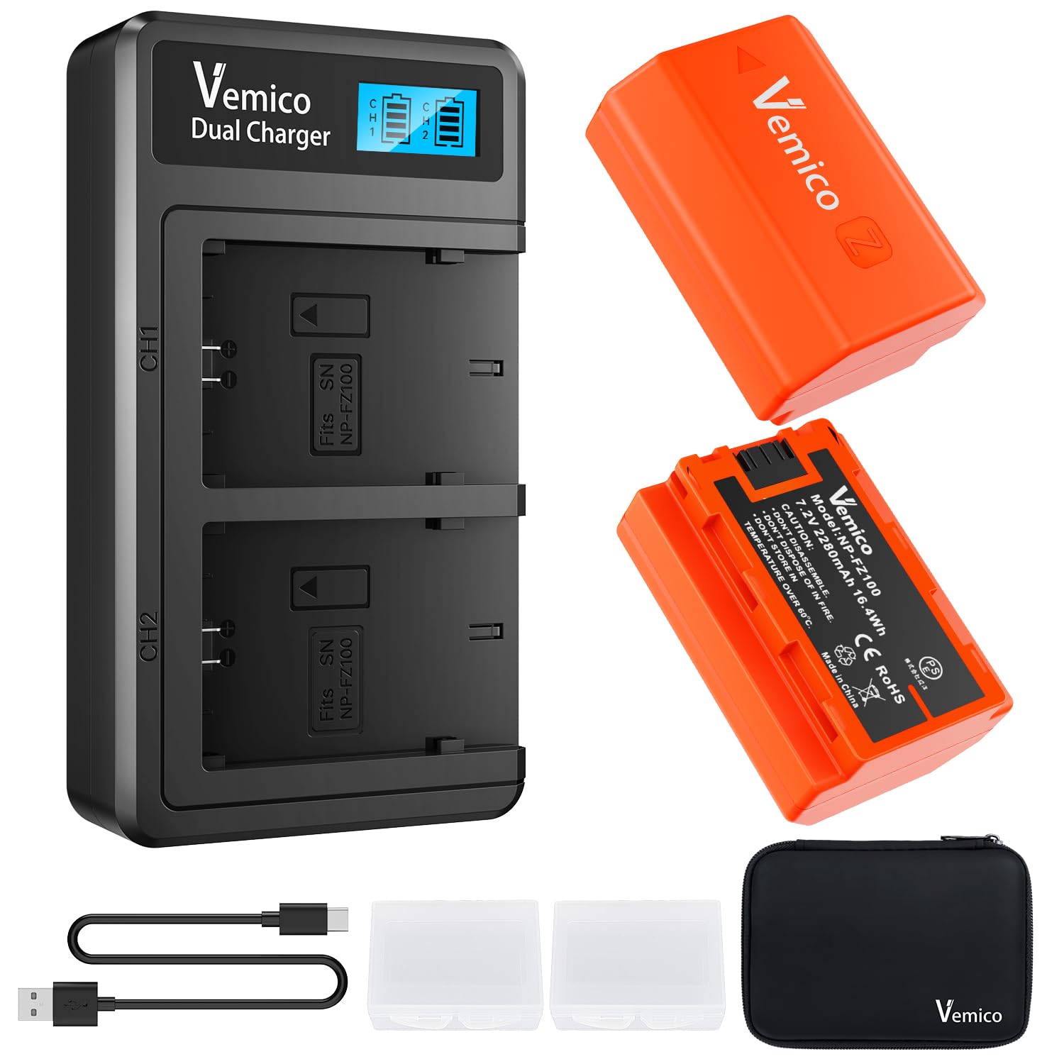 Vemico Np Fz100 Battery Charger Kit 2 X 2280Mah Replacement Batteries Cameras Z Series With Lcd Type C Charger For Alpha A6600/A