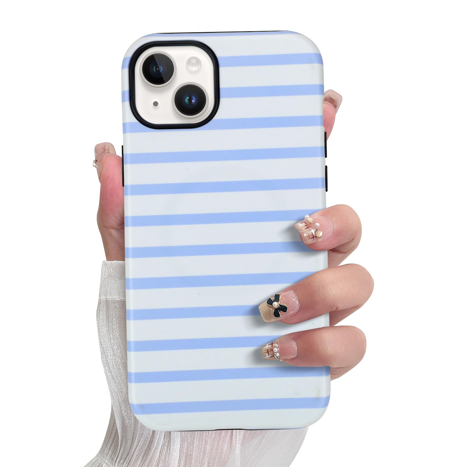 SOKAD Magnetic Horizontal Stripes Phone Case for iPhone 15 Plus, Cute Light Blue Striped Line Pattern Compatible with Magsafe Ma