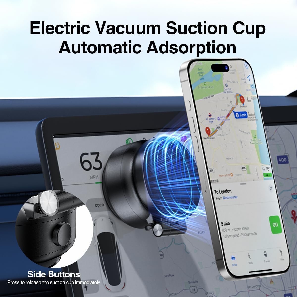 Vacuum Suction Magnetic Car Phone Holder, Electric Magnetic Car Phone Holder Mount Foldable Adjustable Car Mount For Iphone12-16