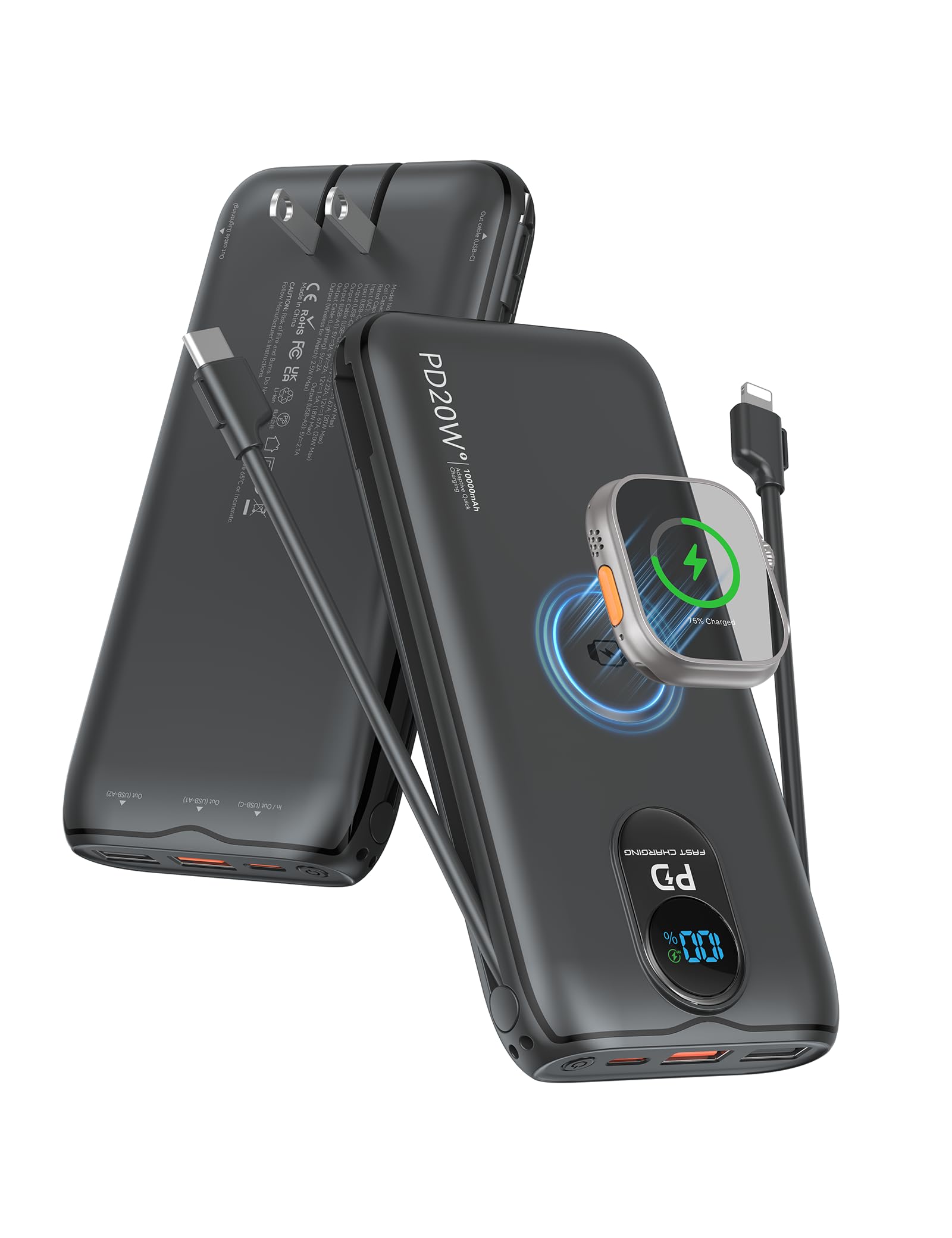Portable Charger Power Bank 10000mAh PD20W w/Builtin Cables & AC Plug