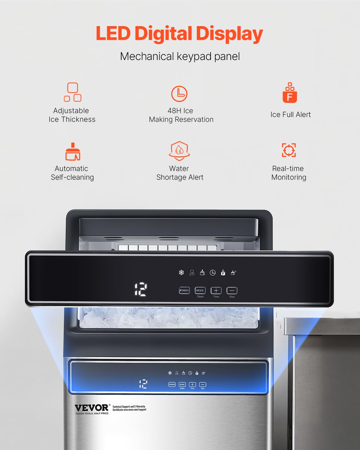 Vevor 160Lbs/24H Commercial Ice Maker, 55 Ice Cubes In 15 Minutes, Freestanding Ice Maker Machine With 33Lbs Large Storage Capac