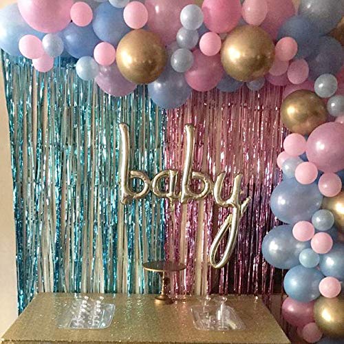 Metallic Tinsel Foil Fringe Curtains 3.2 Ft X 6.6 Ft Baby Shower Gender Reveals Party Decoration Party Photo Backdrop (Pink/Blue