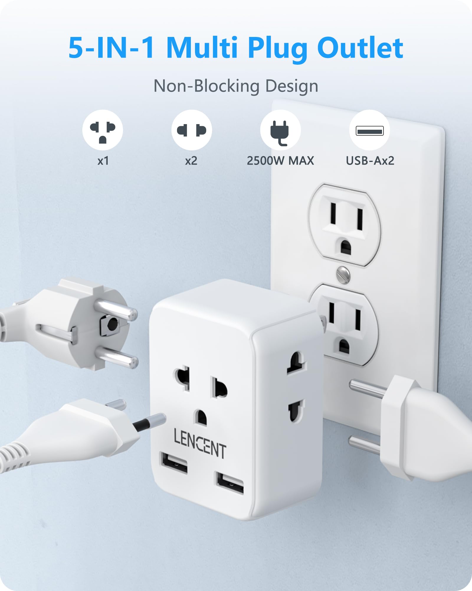 Lencent Eu To Us Plug Adapter, European To Usa Outlet Adaptor With 2 Usb, Europe To American Outlet, 3 Sided Outlet Extender, Wa