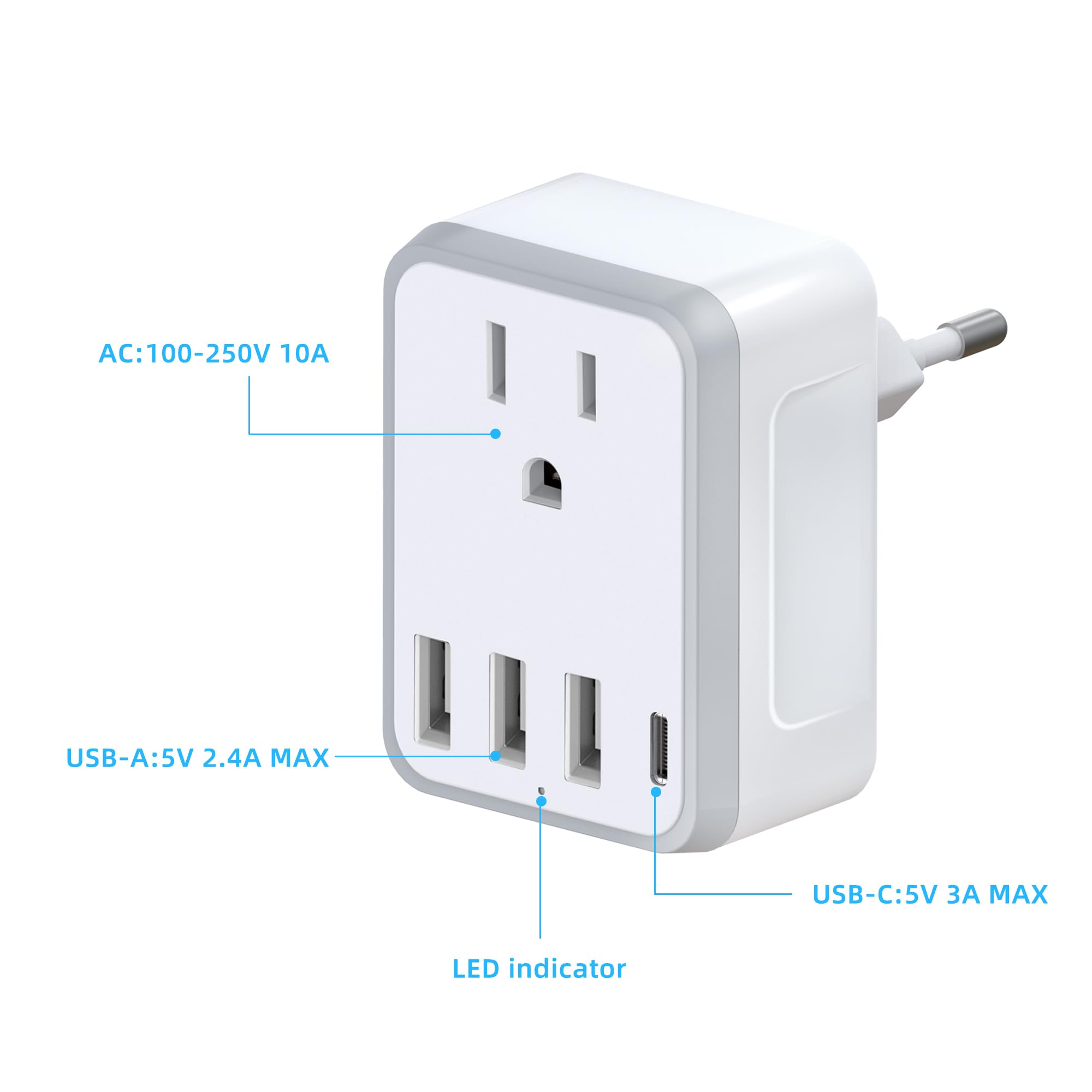 Yinleader European Travel Plug Adapter Usb C International Plug Adapter With Ac Outlet And 3 Usb Ports, Type C Power Adaptor Cha