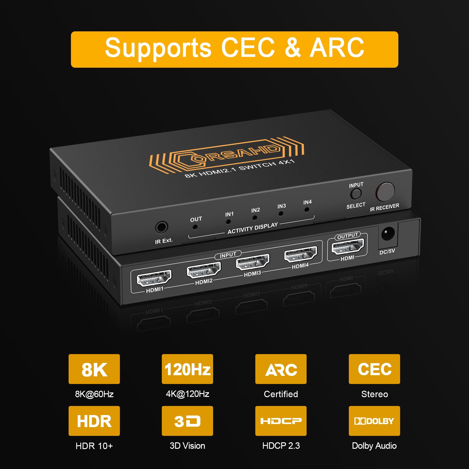 Corsahd 8K@60Hz Hdmi 2.1 Switch 4X1 4K 120Hz 48Gbps,Hdcp 2.3,Arc,Vrr,Cec,Hdmi Switcher 4 In 1 Out,4 Port Hdmi Selector,Ir Remote