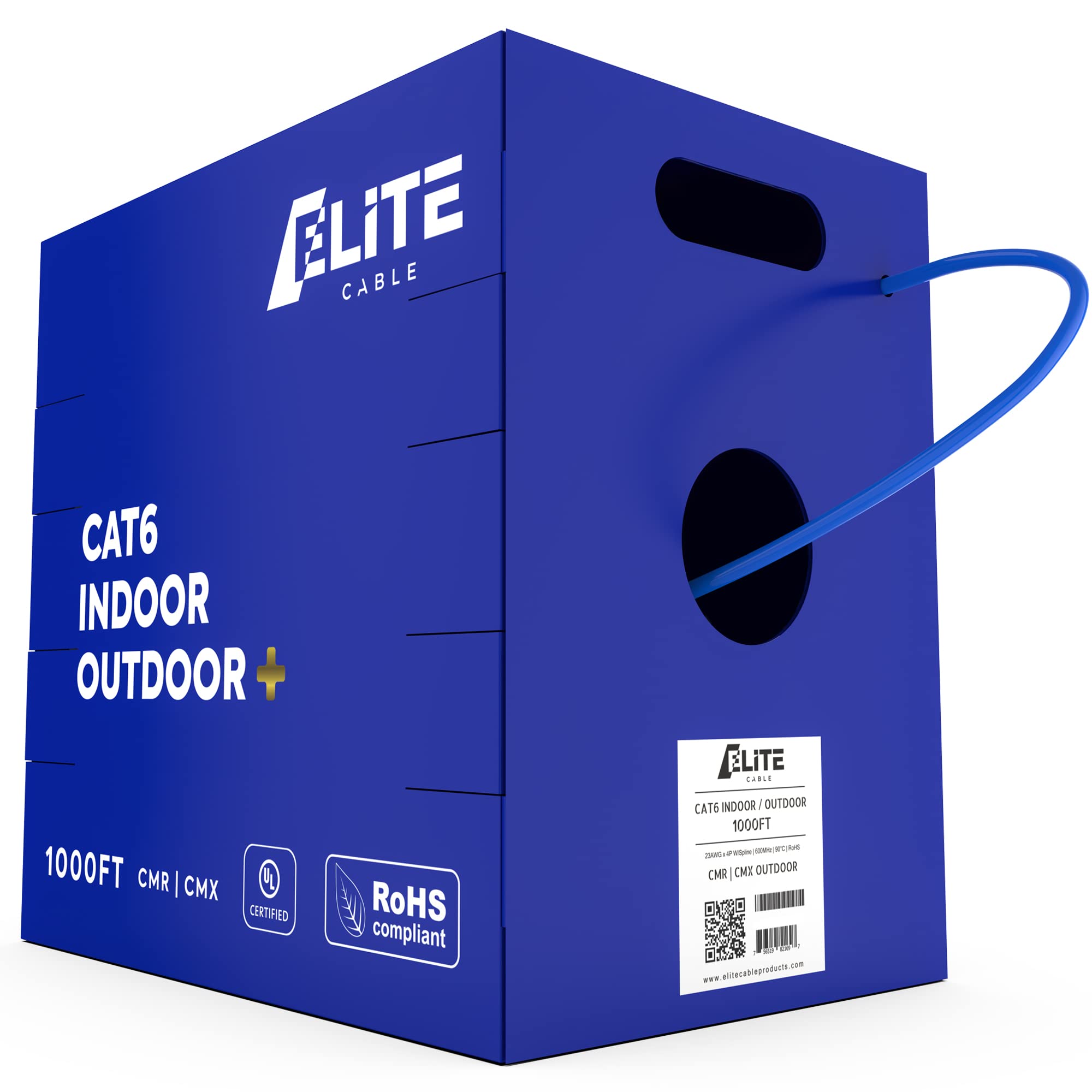 Elite Cat6 Indoor/Outdoor Ethernet Cable   23Awg, 1000Ft, 600Mhz, 5+ Db, High Performance, Ul Listed, Lp Rated, Blue