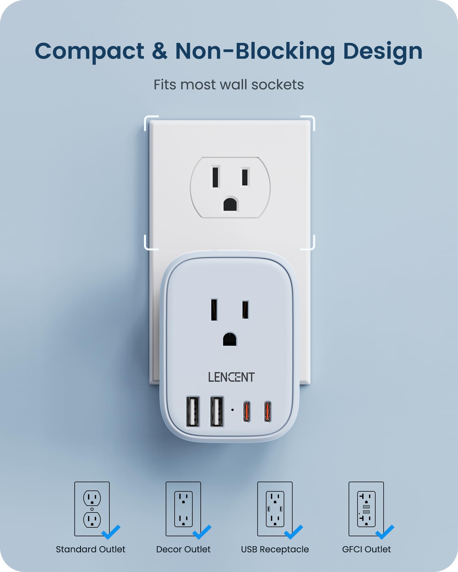 Lencent Multi Plug Outlet Extender With Usb, 4 Ac Electrical Outlet Expander With 4 Usb Charger Cube(2 Usb C), Small Multiple Wa