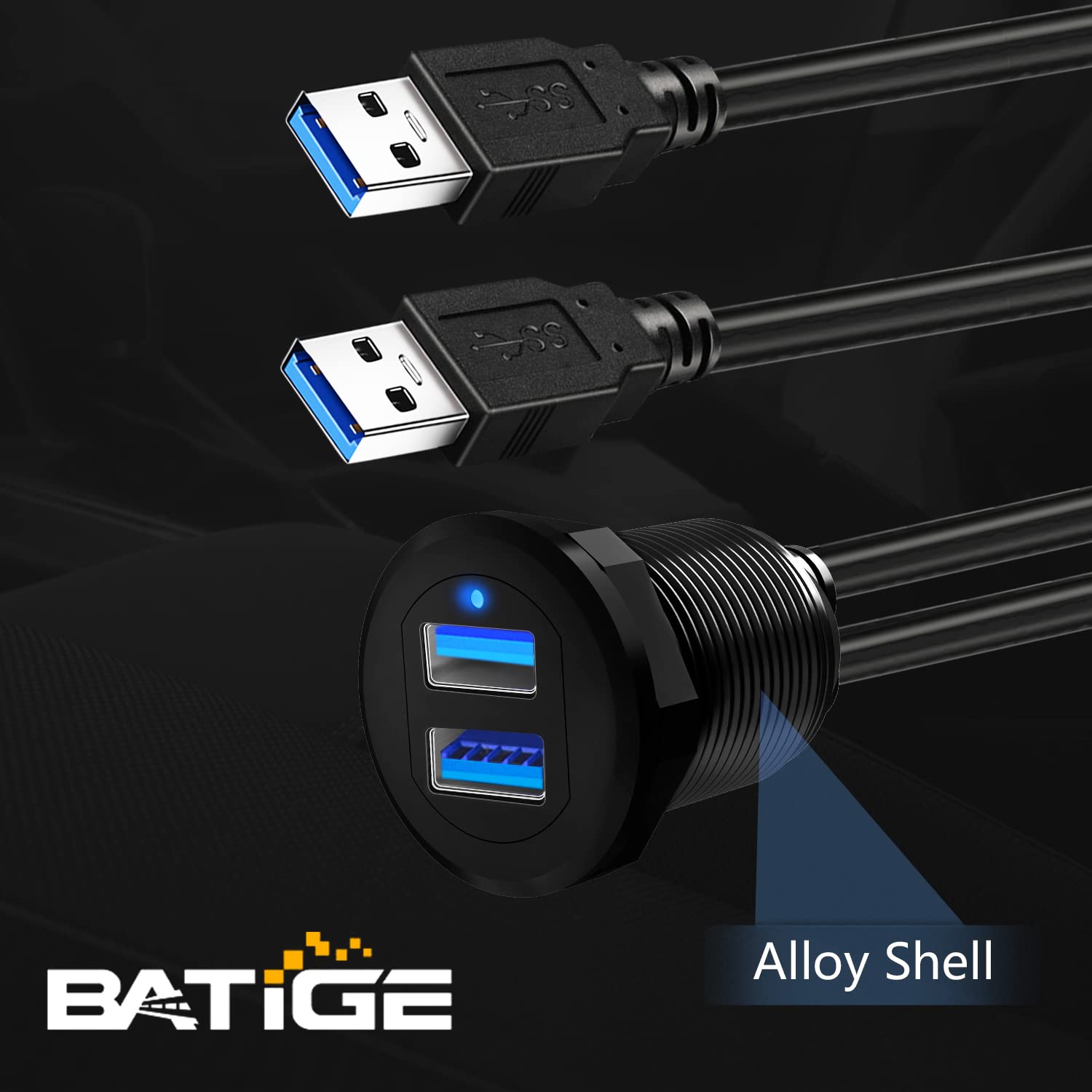 Batige Alloy Dual Port Usb 3.0 Car Dashboard Flush Mount Cable, Male To Female With Led Indicator Extension Cable For Car Truck Boat Motorcycle Dashboard Panel   3Ft