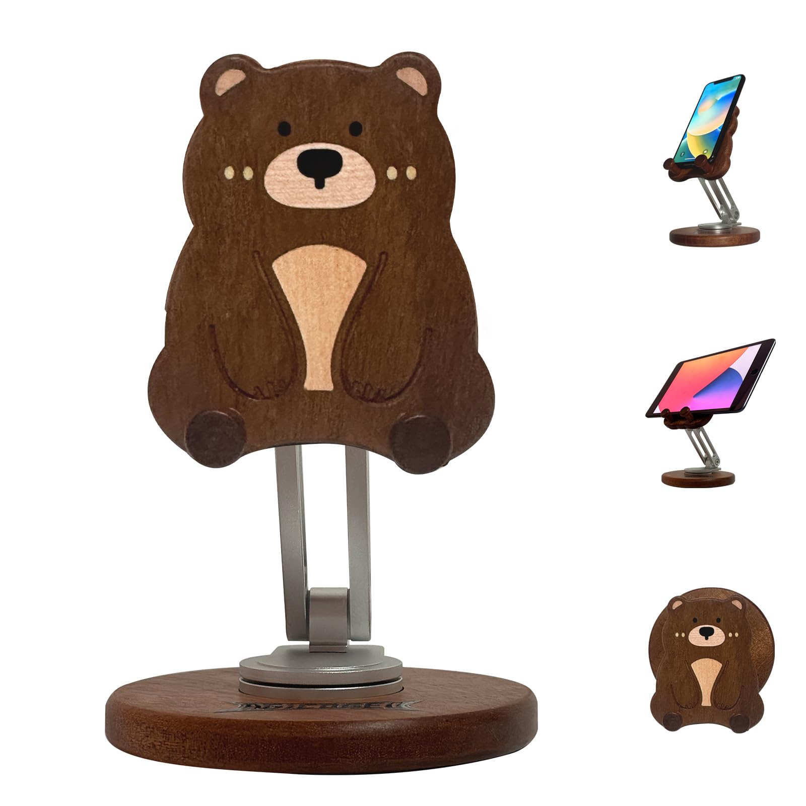 Agicogeo Hand-Inlaid Solid Wood Phone Stand for iPhone 16/Tablets - 360 Rotating Desk Organizer Holder with Artisan Carvings & A