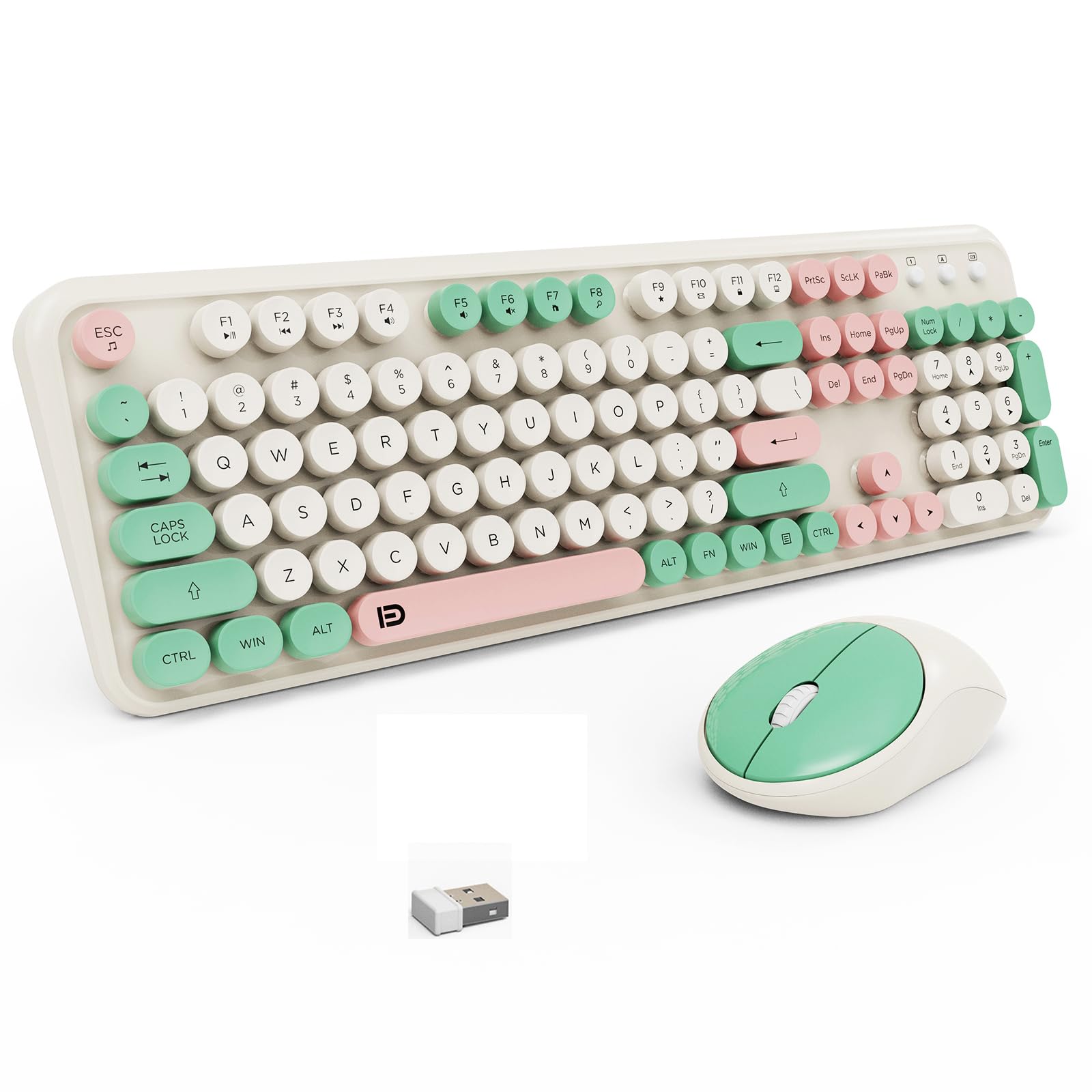 Wireless Keyboard And Mouse Set, 105 Keys Full Size Cute Colorful Keyboard And Mouse With Retro Typewriter For Pc/Mac/Laptop/Tab