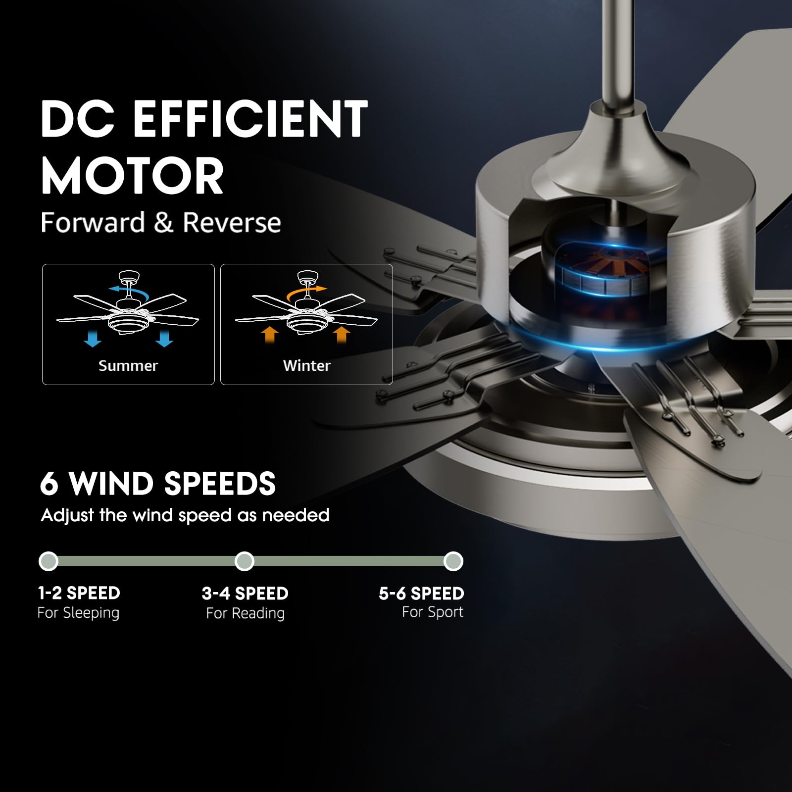 52 Inch Nickel Ceiling Fans With Lights And Remote Control For Bedroom, Modern Ceiling Fan With Quiet Reversible Dc Motor, 3Cct,