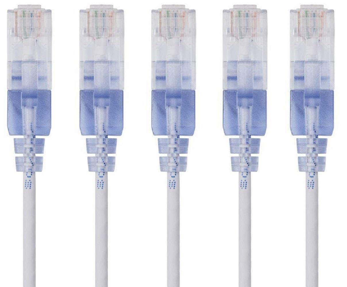 Monoprice Cat6A 50Ft White 5 Pk Patch Cable Utp 30Awg 10G Pure Bare Copper Snagless Rj45 Slimrun Series Ethernet Cable