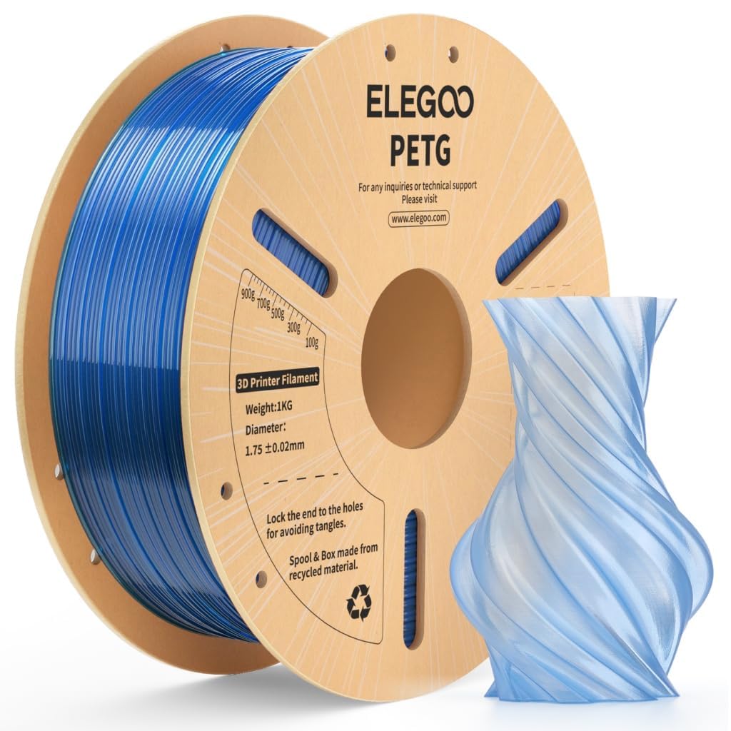 ELEGOO PETG Filament 1.75mm Translucent Blue 1KG, Transparent 3D Printer Filament High Precision, Strong & Durable 1kg Spool(2.2