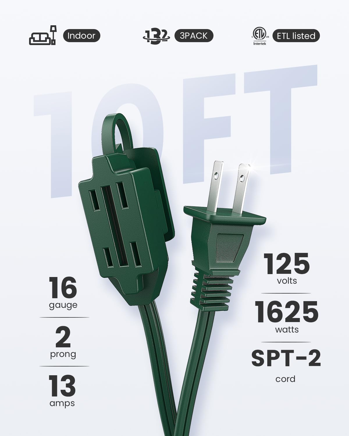 Plugtul Green Indoor Extension Cord 10 Ft, 2 Prong Extension Cord, 3 Polarized Outlets With Safety Cap Protect For Home Office,