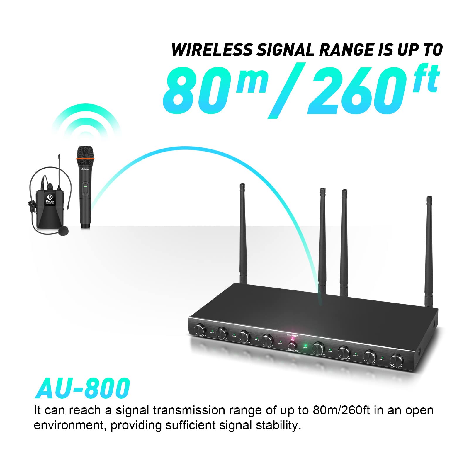 D Debra Audio Au800 Pro Uhf 8 Channel Wireless Microphone System With Cordless Handheld Lavalier Headset Mics, Metal Receiver, I
