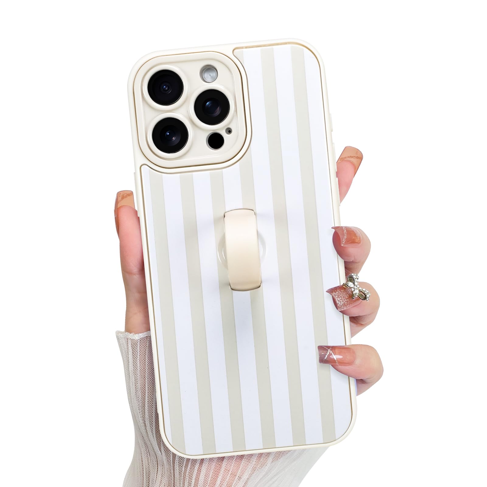 KANGHAR Compatible with iPhone 15 Pro Max Case, Silicone Stripes Cute Pattern, Wristband Kickstand Camera Protection Soft Slim C