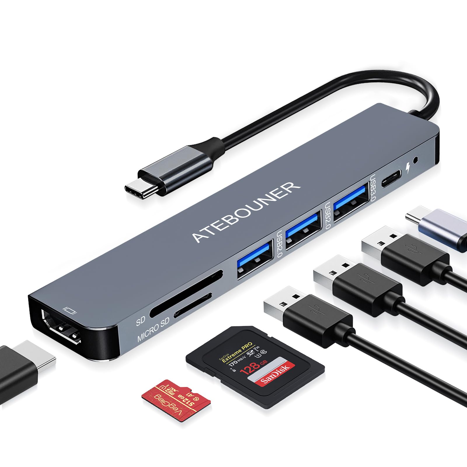 MacBook Adapter Multiport USB c hub multiport Adapter MacBook USB Adapter USB hub USB c 7 in 1 usbc dongle with 4K HDMI 100W PD 