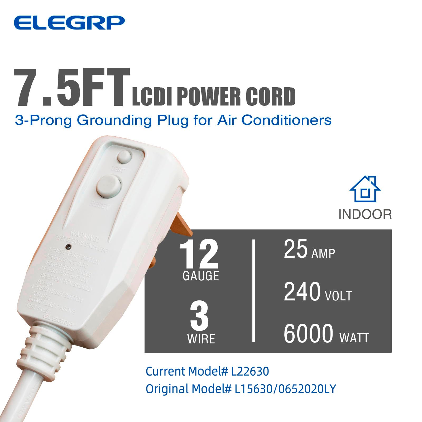 Elegrp L22630 L15630 12Awg Lcdi Power Cord Plug For A/C Air Conditioner, E250451 Ul Certified, 7.5Ft Leakage Current Detection I