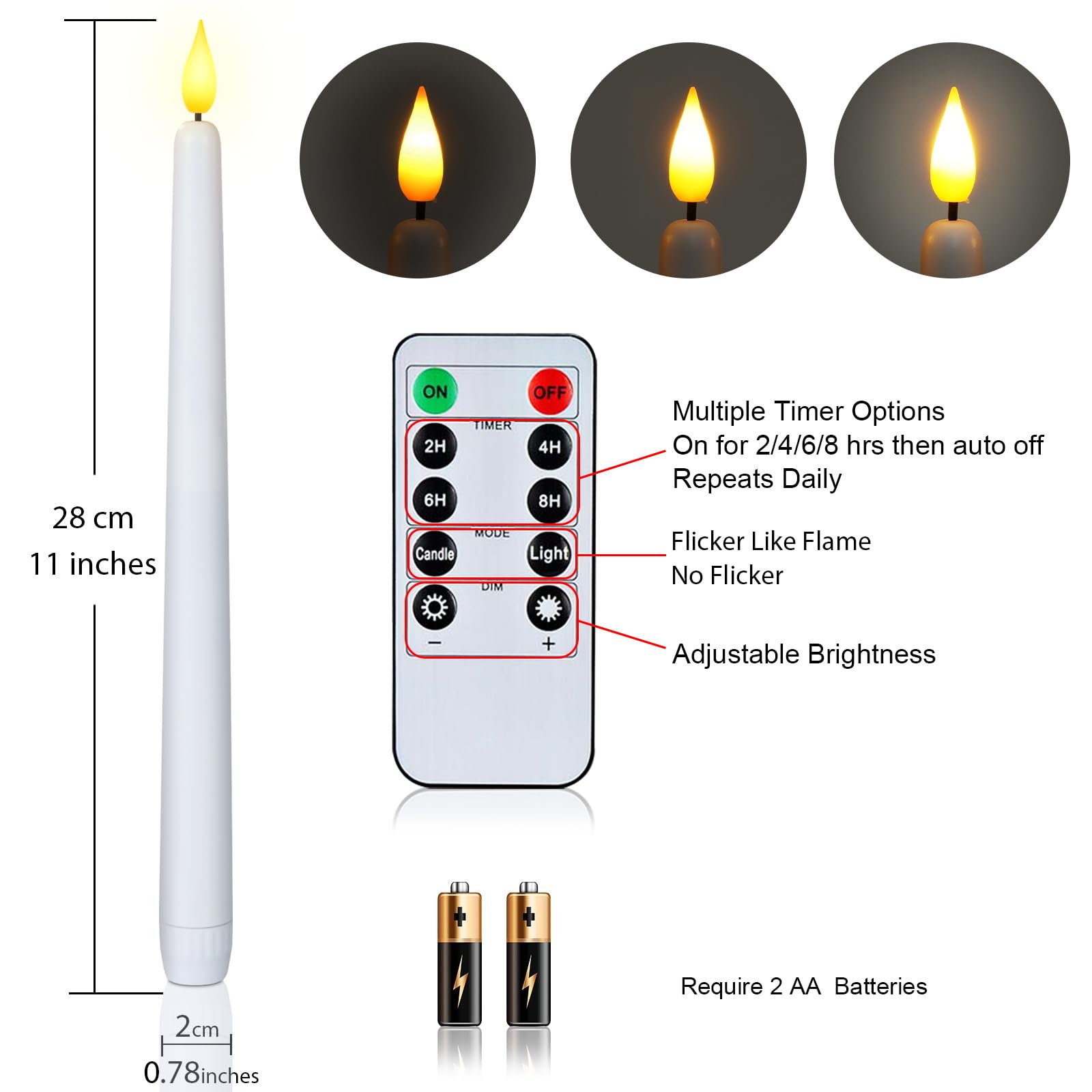 Homemory 12 Pcs Flameless Taper Candles With Remote Timer Dimmer, 11 Inches White Led Taper Candles, Plastic Battery Operated Ca