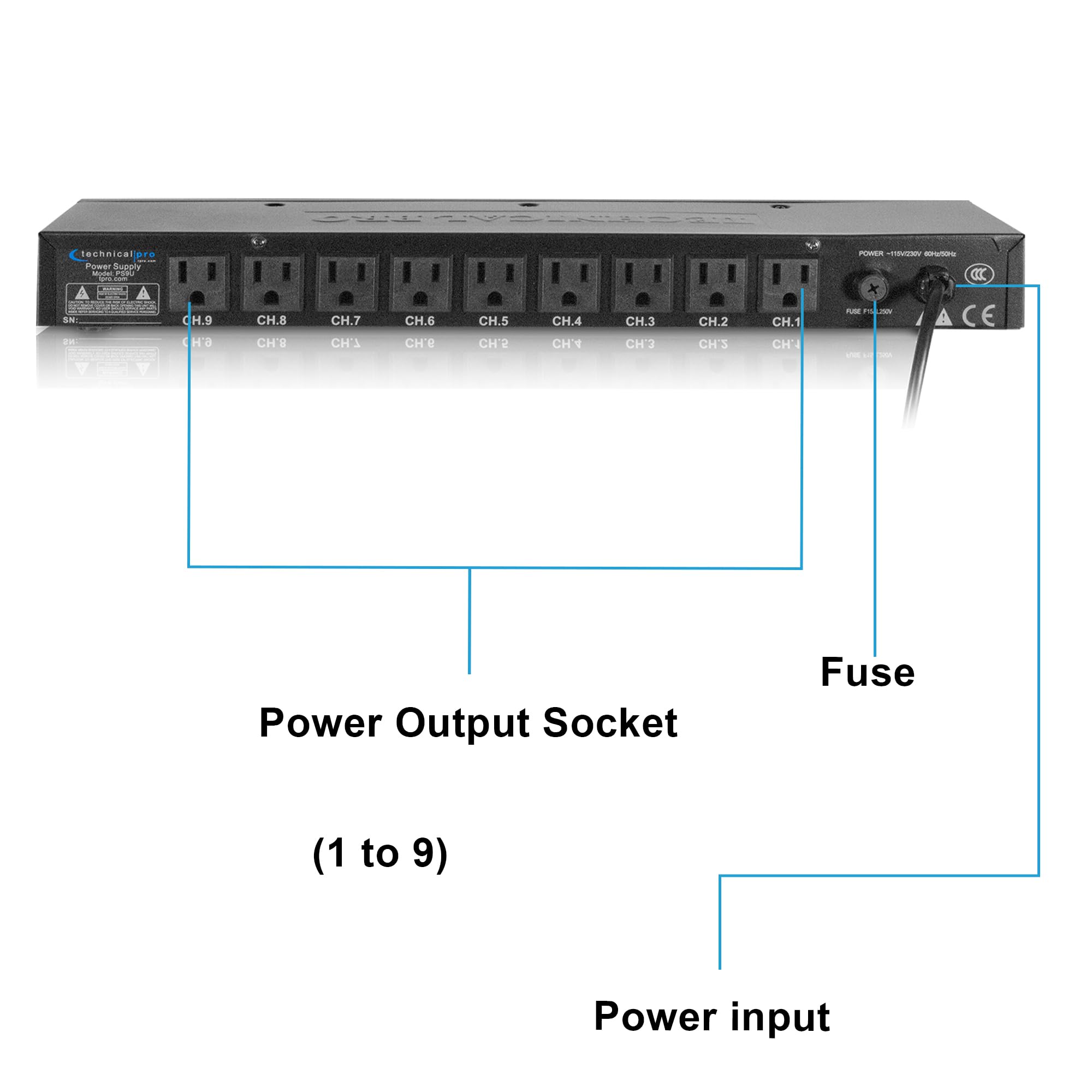 Technical Pro Electric Power Supply With 9 Power Switches, 1800 Watts Max Load, 5V Usb Charging Port, 9 Outlet High Load Power Cord (4 Foot)