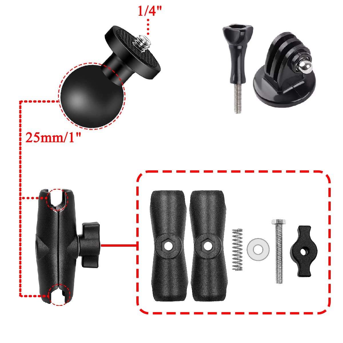 Usmallbee Motorcycle Camera Mount For Gopro, Handlebars Mount 1''/25Mm Ball Mount Compatible With Ram Mounts B Size, For Gopro H