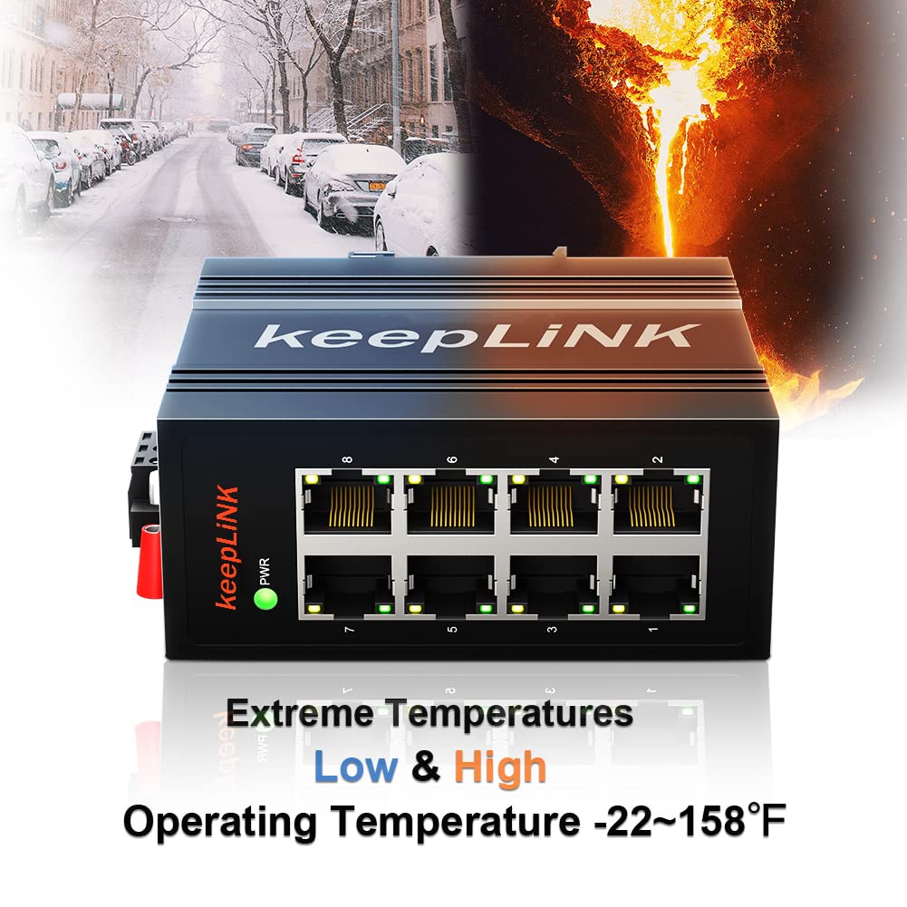 Keeplink 8 Port Industrial Ethernet Switch, Unmanaged 10/100Mbps Din Rail Network Switch, Ip40, Operating Temperature Range Of