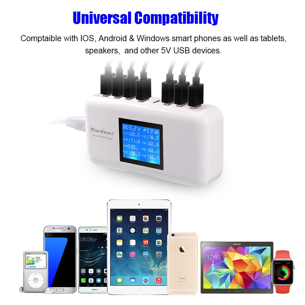 60W/12A 8 Port Desktop Charging Station Multiple Usb, Multi Port Travel Fast Wall Charger Hub With Lcd For Smart Phones, Tablet