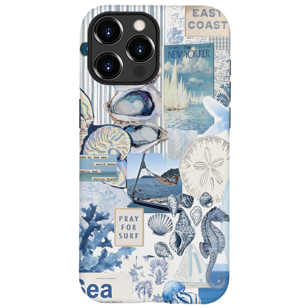 Compatible with for iPhone 16 Pro Max,Vintage Seashell Ocean Blue Collage Phone Case for Girl Women Boy Men,Scratch Resistant Sh