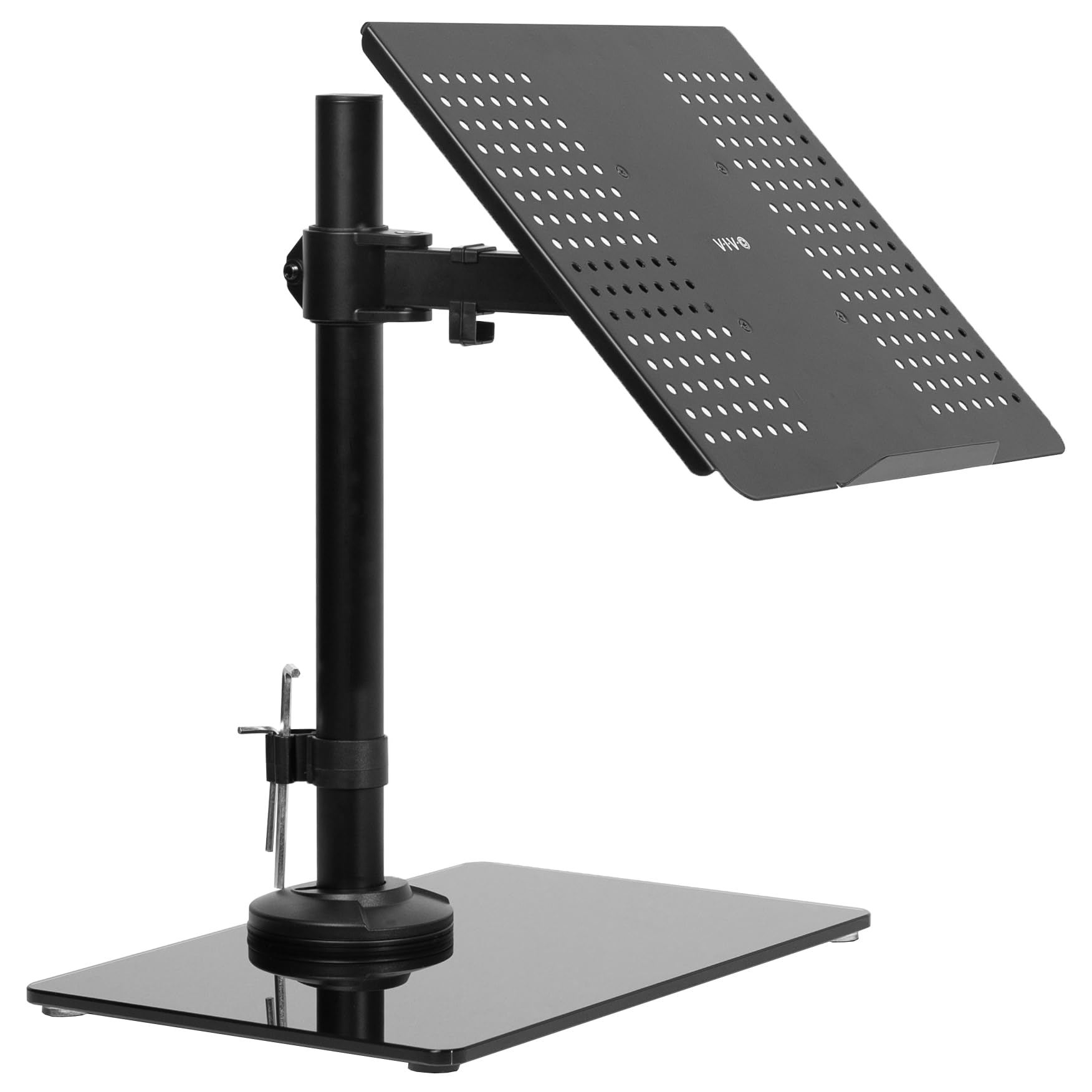 VIVO Free Standing Single Laptop Desk Stand with Sleek Glass Base, Adjustable Arm with Ventilated Notebook Tray, Fits up to 17 inch Laptops, Black, STAND V001FGL