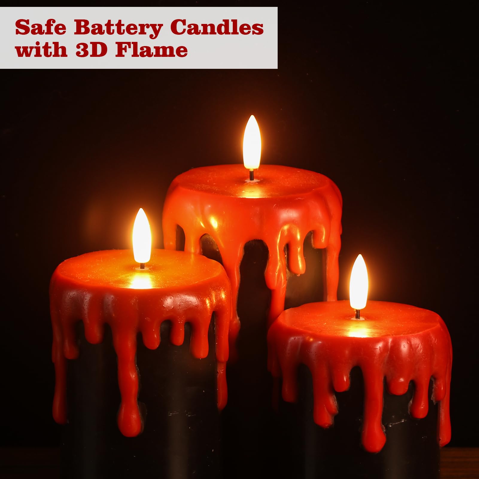 Lasumora Halloween Black Flameless Pillar Candles Flickering With 6H Timer, Battery Operated Led Pillar Candle, 3 Pcs Drip Wax S