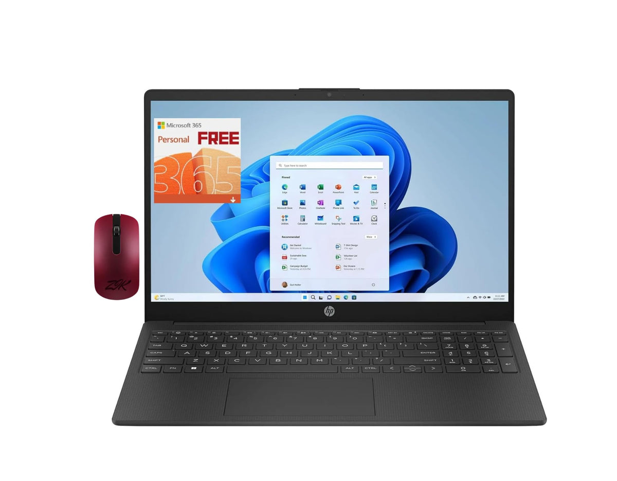 HP 15.6' Portable Laptop (Include 1 Year Microsoft 365), HD Display, Intel Quad Core N200 Processor, 16GB RAM, 128GB Storage, Wi Fi 6, Webcam, HDMI, Windows 11 Home, Black, W/ZIK Mouse