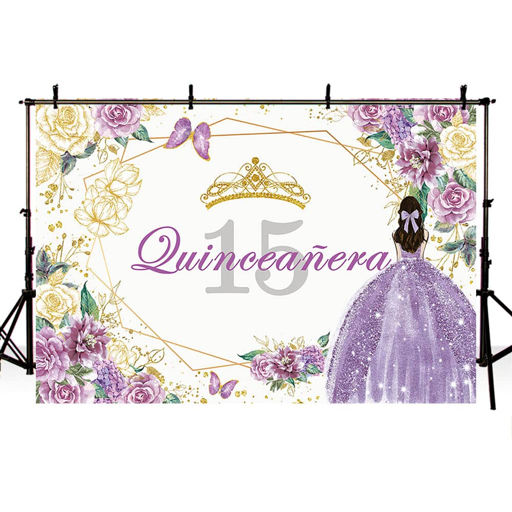 Sendy 7X5Ft Quinceanera 15Th Birthday Backdrop For Sweet Girl Mis Quince Anos 15Th Birthday Party Decorations Purple Gold Glitte