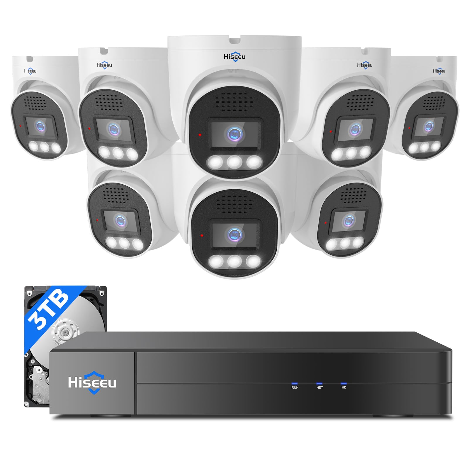 [4K Hd+121�Wide View] Hiseeu 4K Security Camera System, 8 Pcs 8Mp Poe Security Camera Outdoor, Human Vehicle Detect, Color Night Vision,No Monthly Fee, 3Tb Hdd For Indoor Outdoor Home Surveillance Use