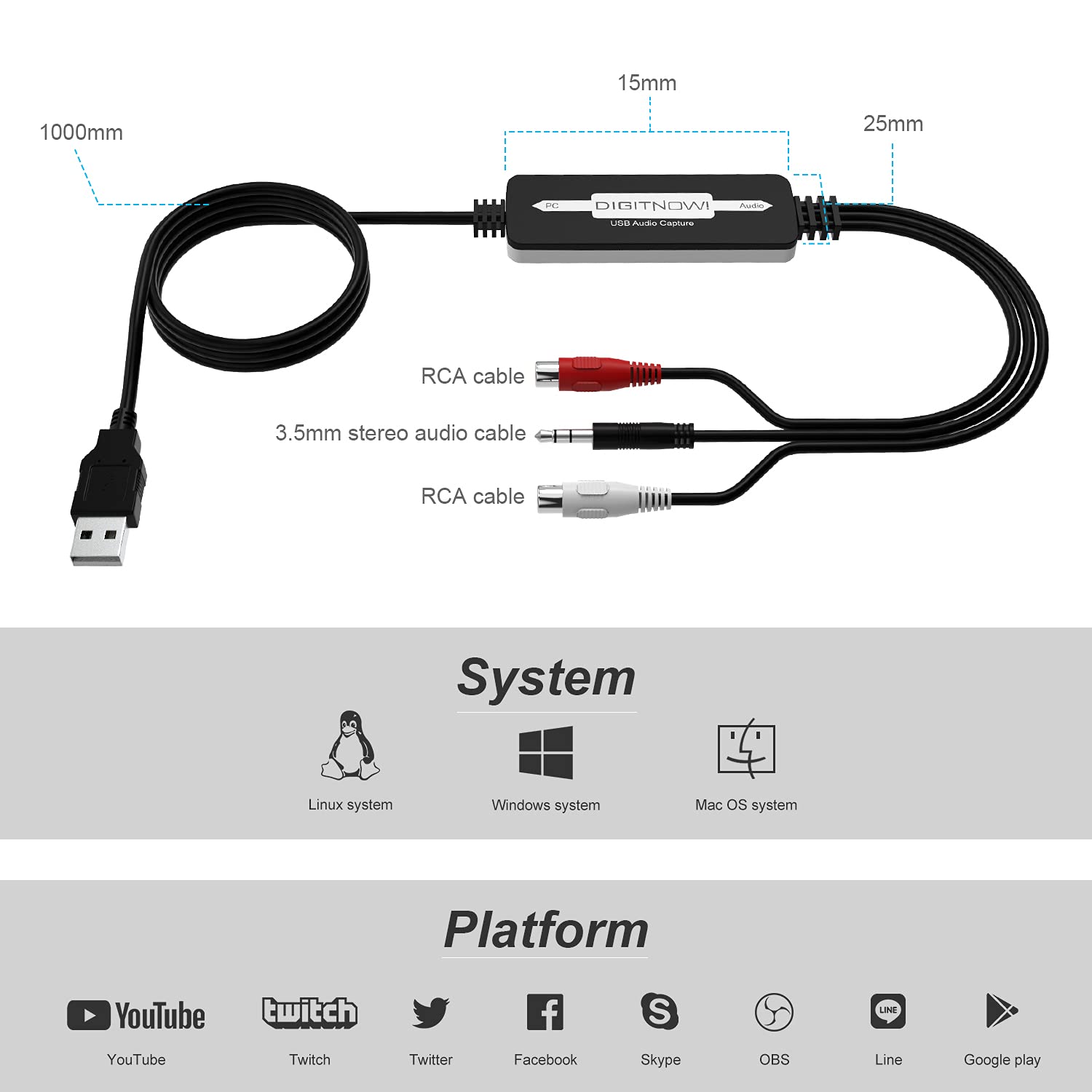 Digitnow Usb Audio Capture Card Grabber For Vinyl Cassette Tapes To Digital Mp3 Converter, Support Mac & Windows 10/8.1/8 / 7 /
