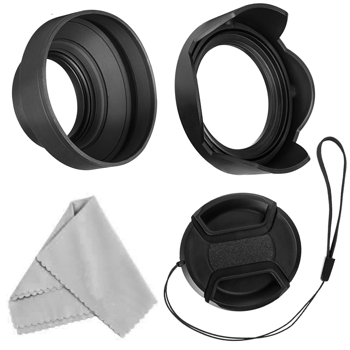52Mm Lens Hood Set, Collapsible Rubber Lens Hood With Filter Thread + Reversible Tulip Flower Lens Hood + Center Pinch Lens Cap