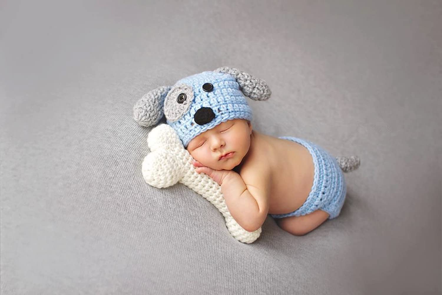Coberllus Newborn Baby Photo Props Outfits Crochet Knitted Blue Puppy Dog Bonnet Cap Hat, Pants & Bone Set For Boys Girls Photog