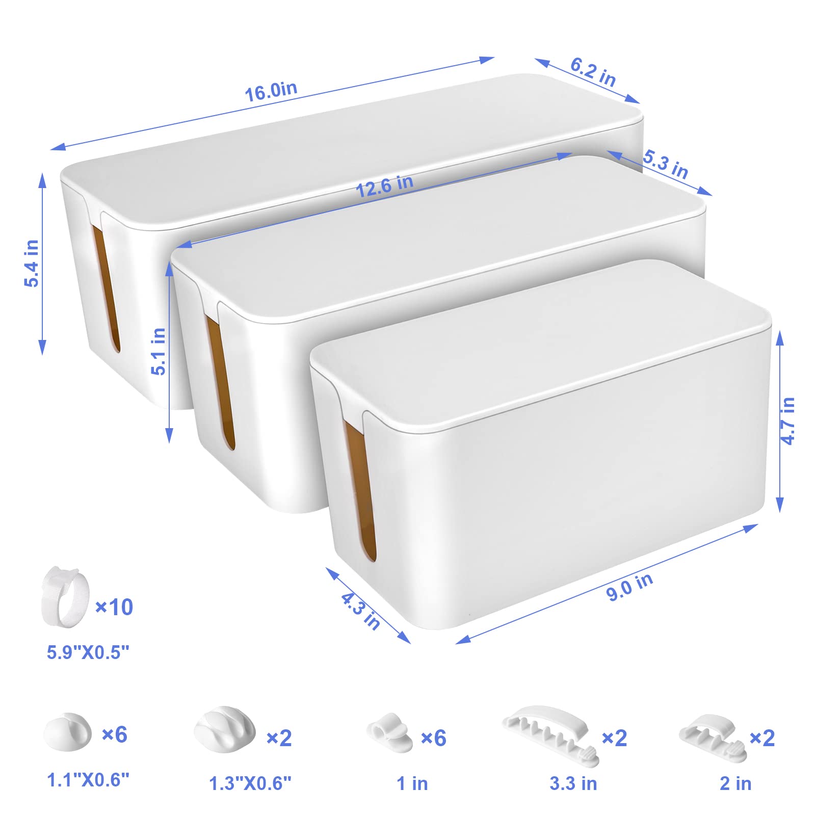 Chouky Cable Organizer Box Set Of Three, Power Cover Cord Holder Surge Protector For Desk (White)