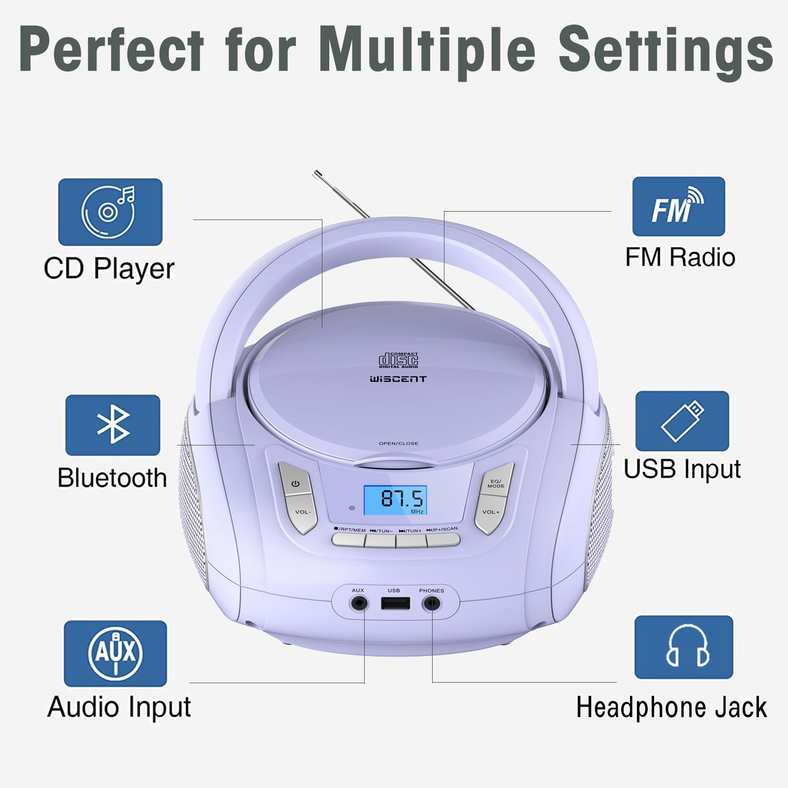 Radio Cd Player With Bluetooth,Fm Radio,Usb Mp3 Playback,Aux In,Headphone Jack,Cd R/Rw And Mp3 Cds Compatible,Portable Cd Player