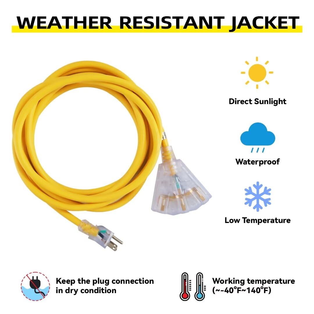 Greatide 50 Ft Lighted Outdoor Extension Cord With 3 Electrical Power Outlets   12/3 Sjtw Heavy Duty Yellow Extension Cable With