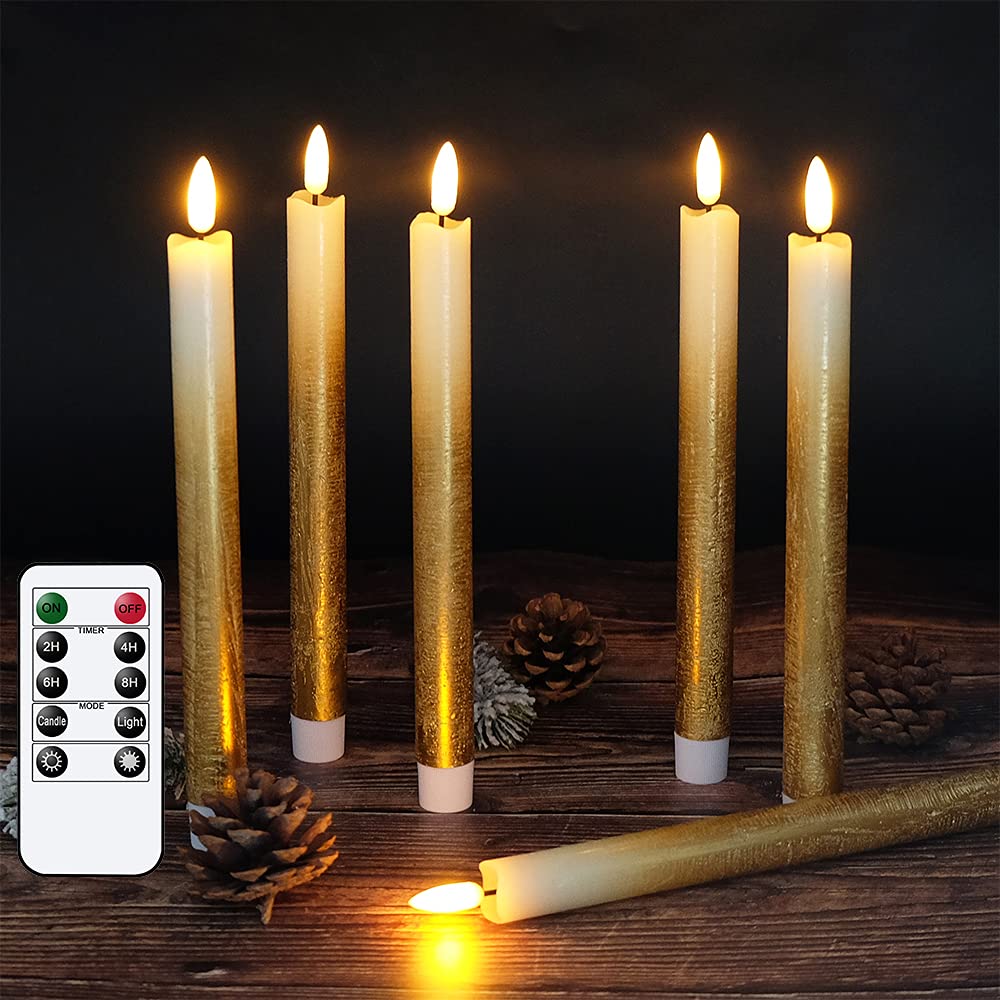 Wondise Flickering Flameless Taper Candles With Remote And Timer, Battery Operated Real Wax 3D Flame Gold Candles For Wedding Ho