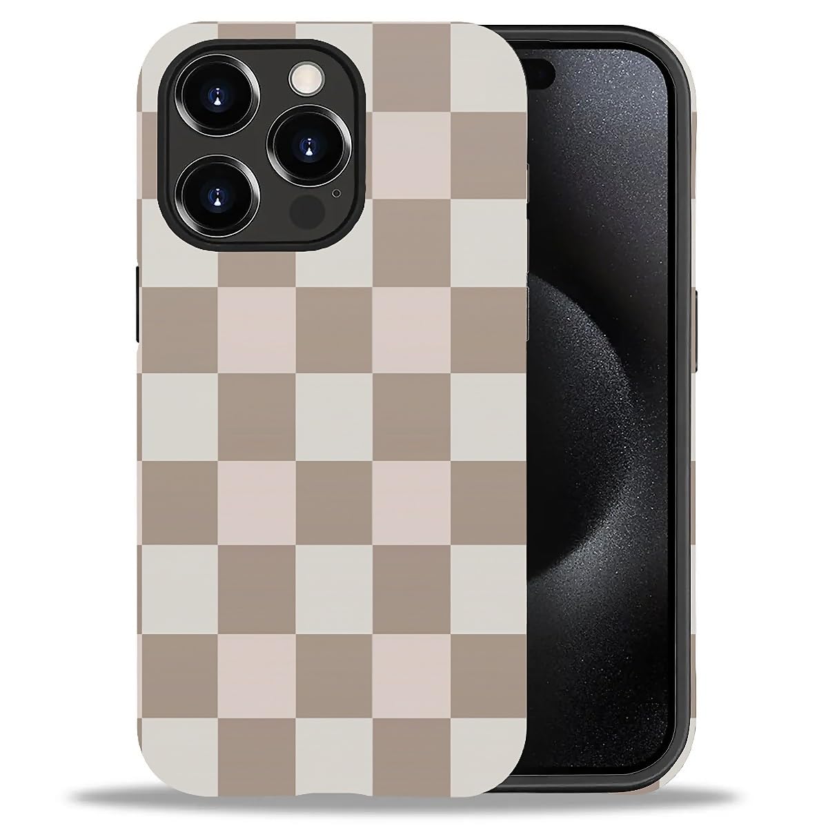 WANKBLC Compatible with iPhone 15 Pro Matte Case, Brown Pink Check Plaid Pattern for Girl Full Body Design Soft Silicone Drop Sh