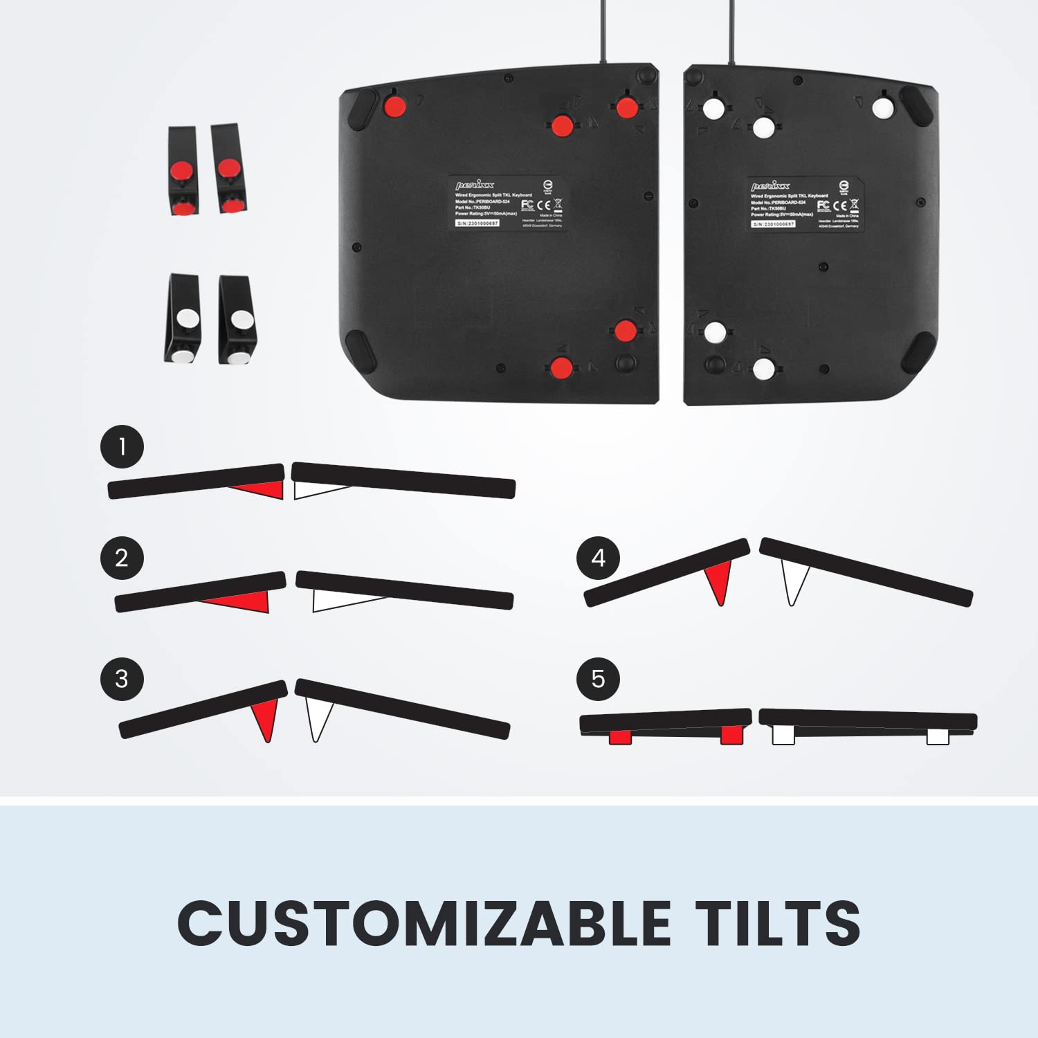 Perixx Periboard 524B Us, [Firmware Updated] Wired Ergonomic Split Keyboard   Up To 2 Ft Seperation   Adjustable Tilt Angle   Low Profile Membrane Keys   Black   Us English