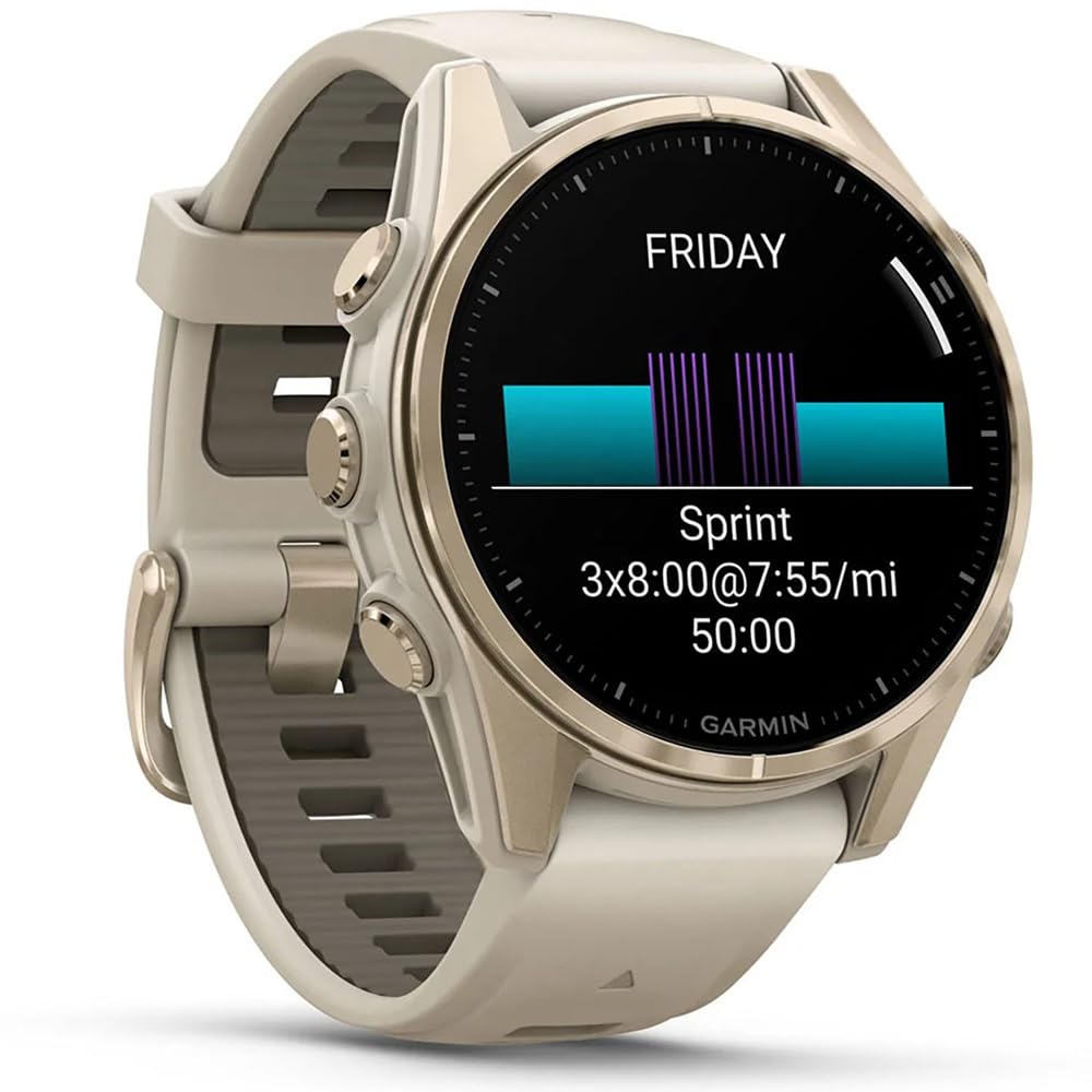 Garmin 010-02903-10 Fenix 8 43 Mm, Amoled, Sapphire, Soft Gold With Fog Gray Sandstone Silicone Band Bundle With Tech Smart Usa
