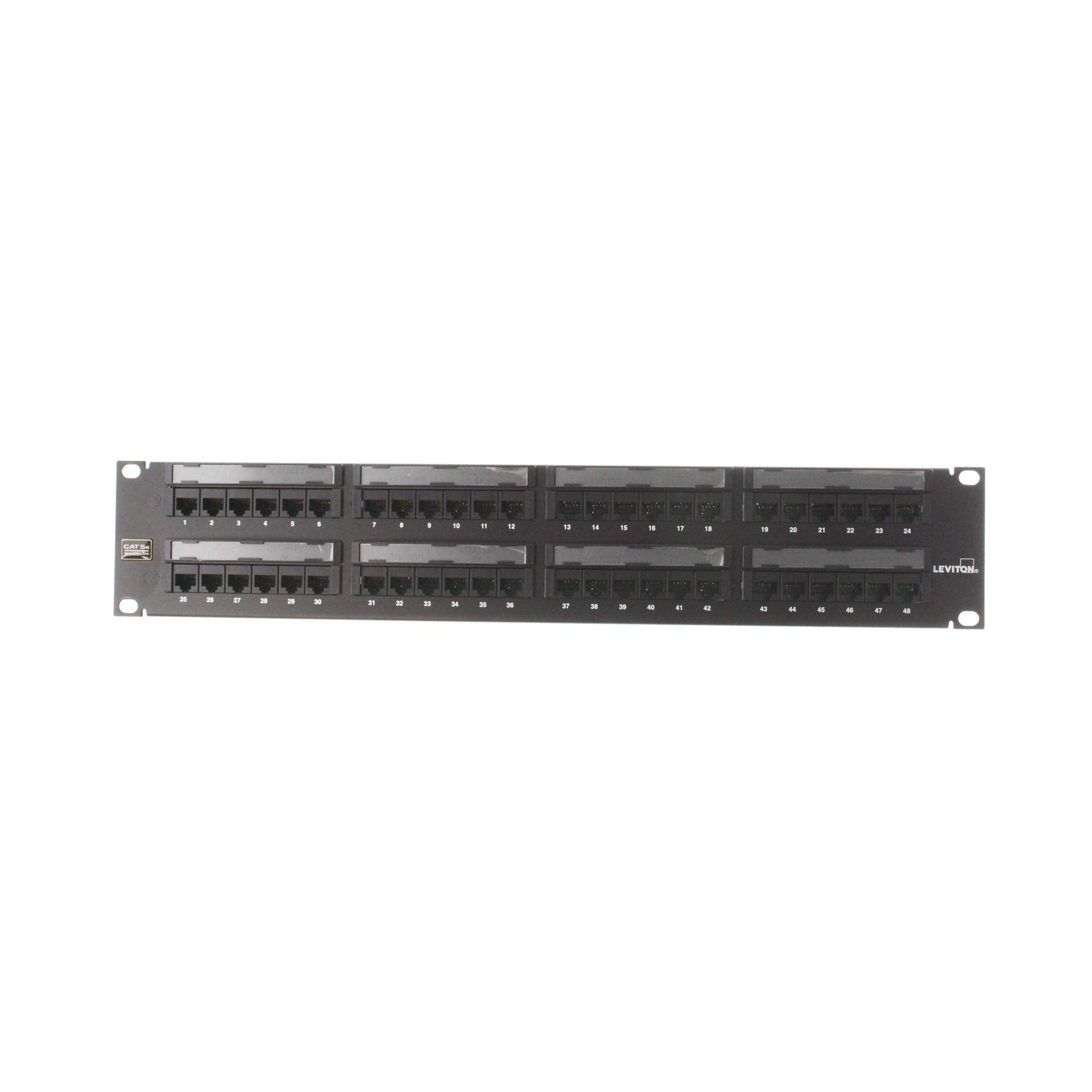 Leviton GigaMax 5E Universal Patch Panel, 48-Port, 2RU, Cat 5E, Cable Management Bar Included, 5G596-U48, Black