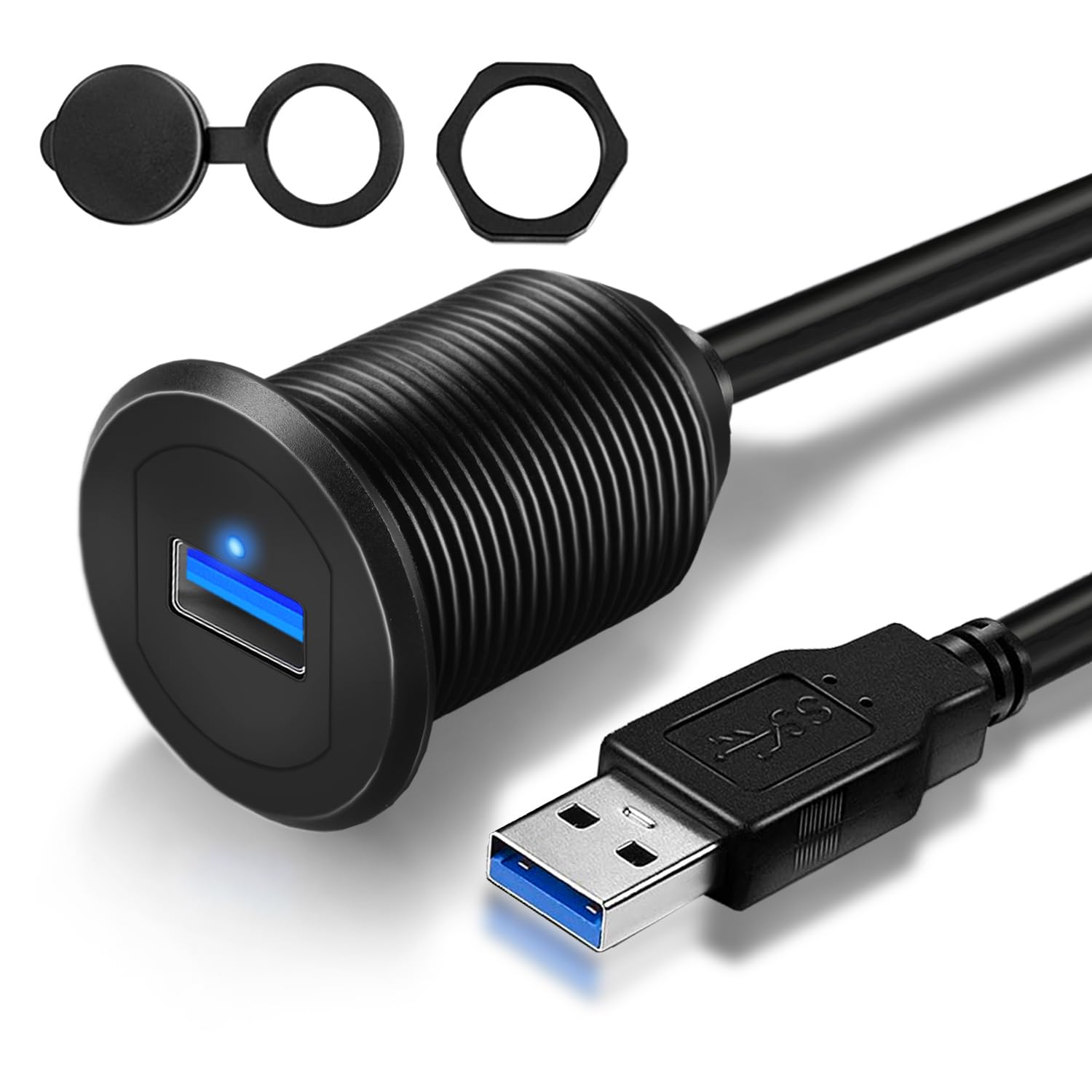 Gobgod Usb 3.0 Car Mount Flush Cable With Led Indicator Single Port, Usb3.0 Male To Female Extension For Car Truck Boat Motorcyc