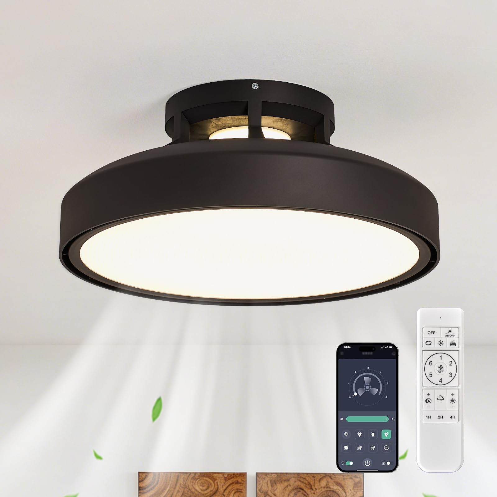 Monikessy Modern Bladeless Ceiling Fans with Lights and Remote, 18.9 Black Embedded Ceiling Fan Light, Flush Mount Dimmable LED 